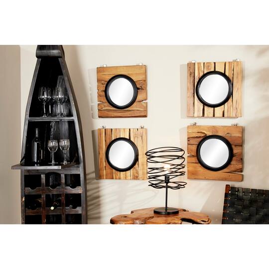 Set of 4 Brown Teak Wood Rustic Floral Wall Mirror, 18" x 18"